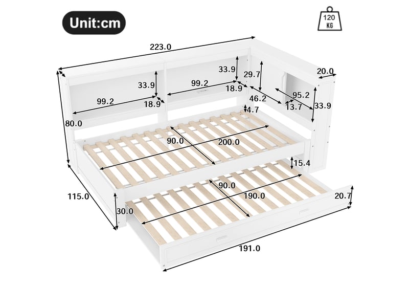 Lit gigogne 90x200 cm avec éclairage led et ports de charge en pin blanc - Conforama E