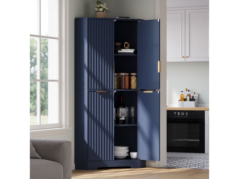 Armoire d'angle 4 portes bleu buffet haut cuisine avec étagères réglables meuble de rangement d'angle 60x60x172 cm - Conforama B