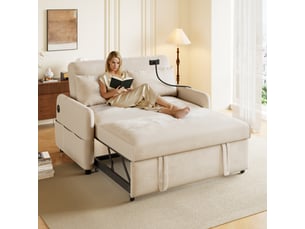 Canapé convertible 2 places en chenille avec fonction lit, dossier réglable 3 positions, support téléphone, usb et coussins inclus - beige