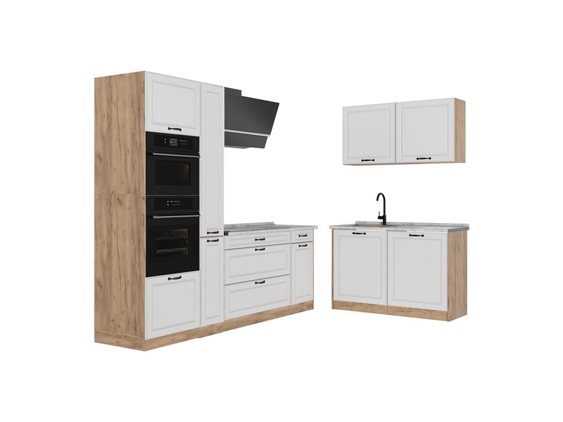 Vicco cuisine en angle, blanc campagnechêne doré, 230 x 120 cm plan de travail marbre - Conforama A