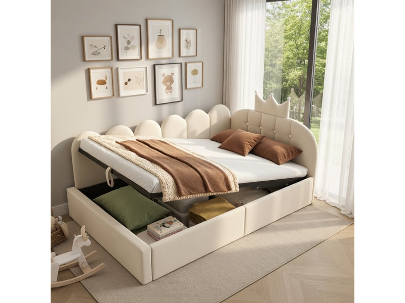  Canapé-lit pour enfant 90 x 200 cm, avec rangement hydraulique, en velours, beige  - Conforama D