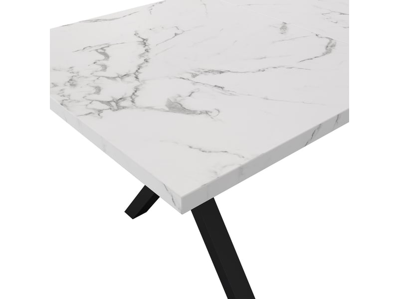  Table à manger rectangulaire en fer forgé, design moderne avec pieds croisés, plateau effet marbre noir et blanc, dimensions 140 x 80 x 76 cm  - Conforama E