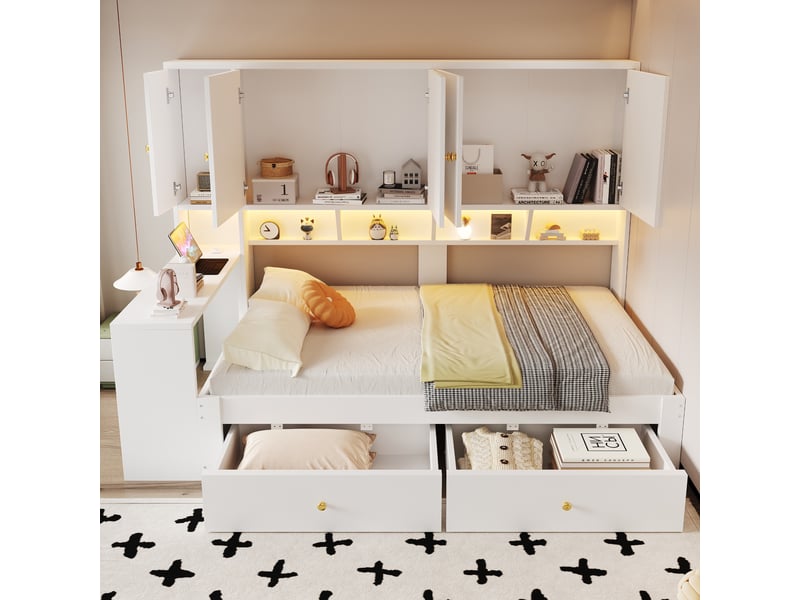 Lit multifonction 90x200 cm avec bureau intégré, rangements, led et prises, blanc, sans matelas - Conforama W