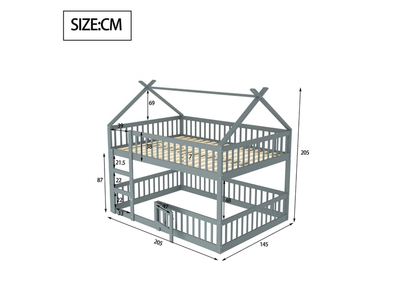  Lit superposé enfant 140 x 200 cm avec escalier, barrières et cadre gris  - Conforama C