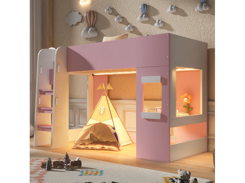  Lit mezzanine 90x200 cm avec bureau et éclairage led, blanc et rose  - Conforama B
