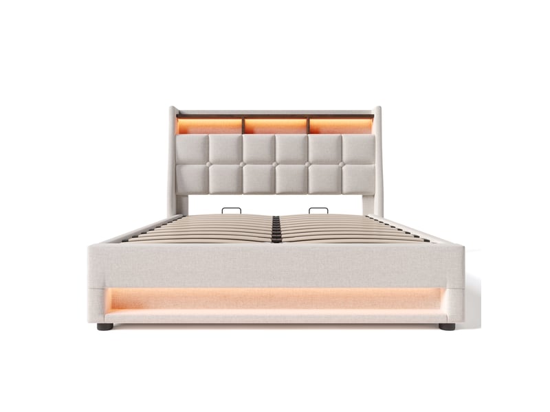  Lit coffre 140x200 cm, lit capitonné avec led, usb et sommier métal, en lin, beige, matelas inclus  - Conforama E