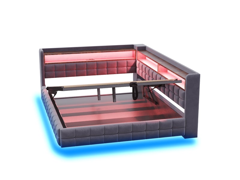  Litcanapé-lit multifonctionnel capitonné 140 × 200 cm, avec rangement hydraulique, étagère en bois, bande lumineuse led, prise électrique, ports de chargement usb et type-c, sommier à lattes, revêtement en velours gris foncé  - Conforama D