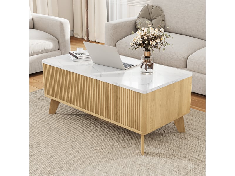  Table basse relevable avec rangement effet marbre blanc et bois clair  - Conforama W