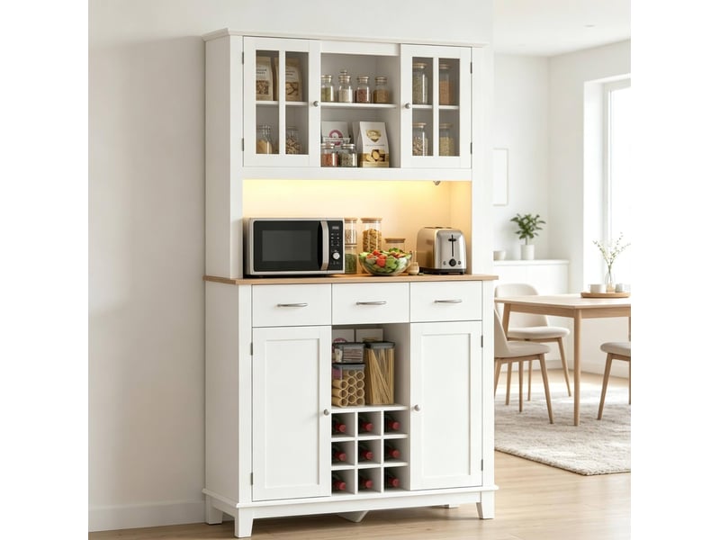 Buffet haut de cuisine blanc et décor chêne 100 x 39,5 x 180 cm, avec éclairage rgb - Conforama E