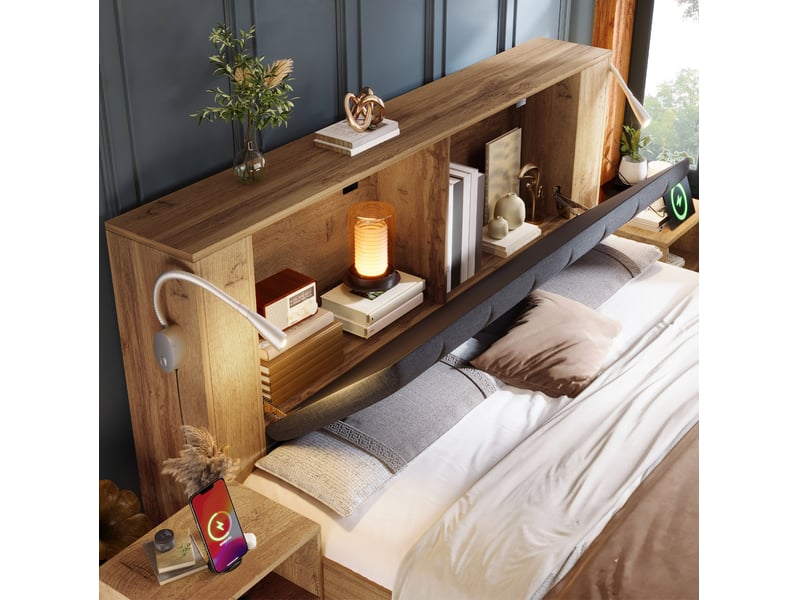 Lit double 160 x 200 cm couleur chêne, bois, avec rangements, lampes de lecture usb et matelas inclus  - Conforama E