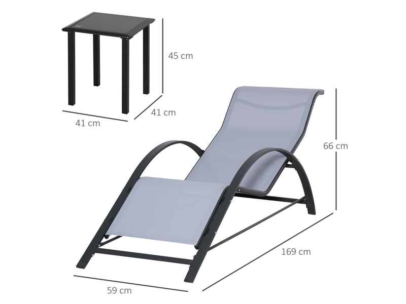  Ensemble de 2 chaises longues et table basse avec plateau en verre, 59 x 169 x 66 cm, gris clair  - Conforama D