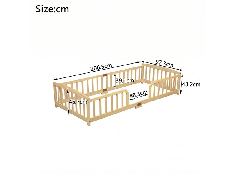  Lit enfant 90x200 cm au sol avec barrière de sécurité en bois de pin naturel - accès central sécurisé  - Conforama C