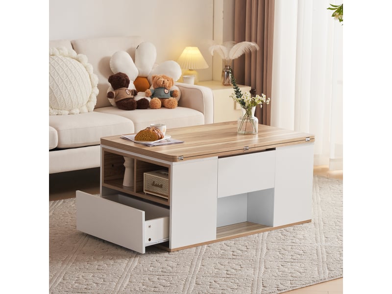  Table basse relevable avec 2 tiroirs, 2 niches et 1 porte, pour salon, en panneaux de particules, blanc, 100×51×47 cm - uvrion  - Conforama C