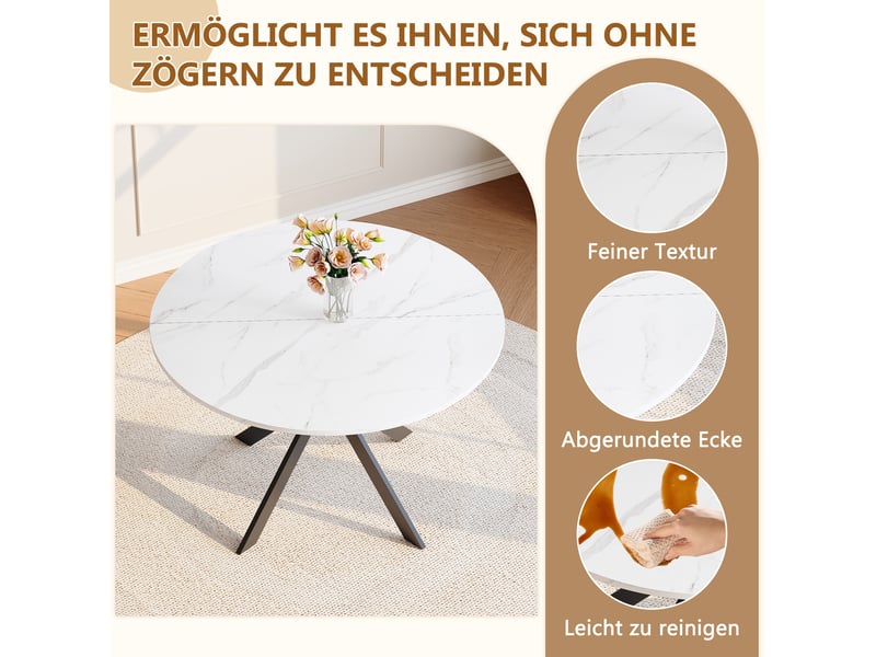 Table de salle à manger ronde, plateau effet marbre - lpospi - piètement en x métal mdf noir et blanc, ø 110 cm - Conforama E