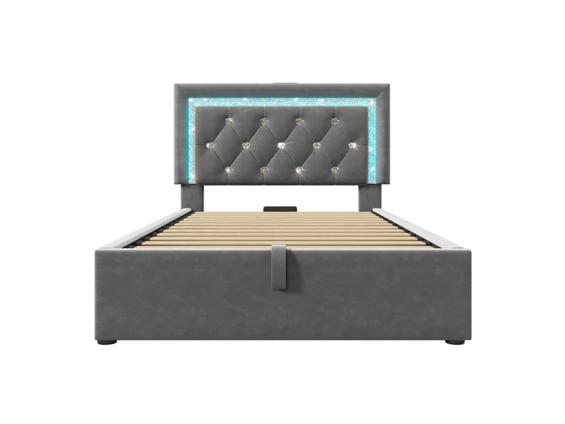  Lit capitonné 90x200, coffre de rangement lit une personne, ouverture hydraulique assistée, led multicolore, ports usb type-c, revêtement velours  - Conforama C