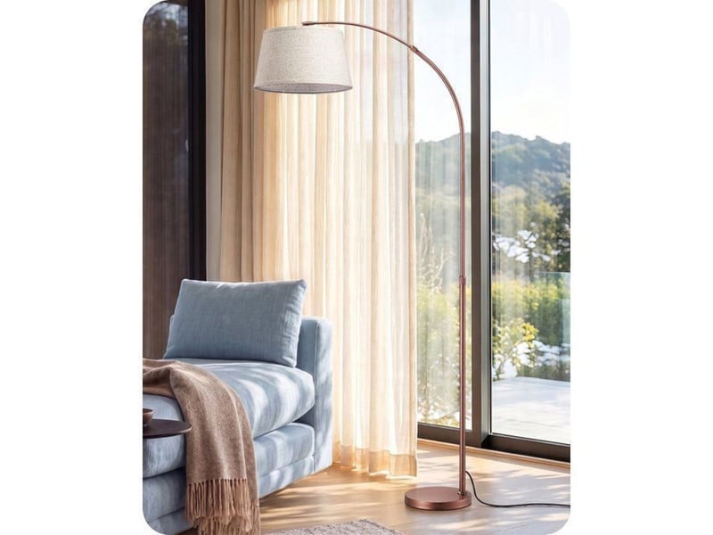  Lampadaire arche ajustable 143 176 cm en lin beige marron 370618_AADHM40309_6_DROPFR - Conforama B