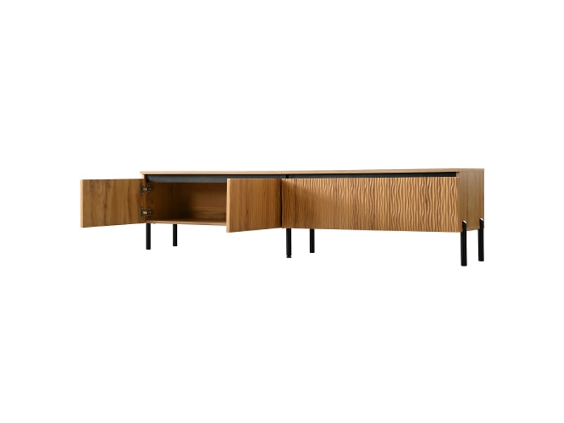  Meuble tv bas moderne à quatre portes ondulées - rangement câbles fermé, corps pb+mdf, pieds métal  - Conforama D