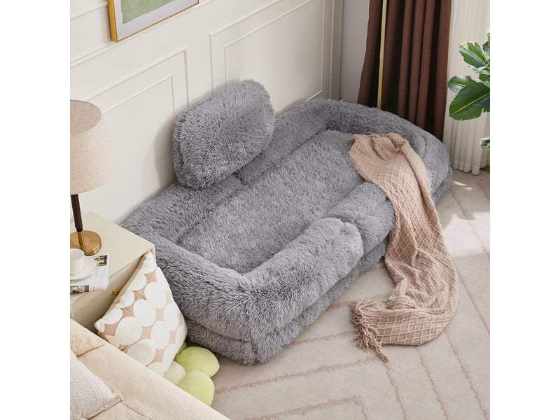  Fauteuil lit de sol inclinable 5 positions 102 x 89 x 88 cm – lit panier géant humain transformable avec coussin lombaire – peluche – gris clair   - Conforama D