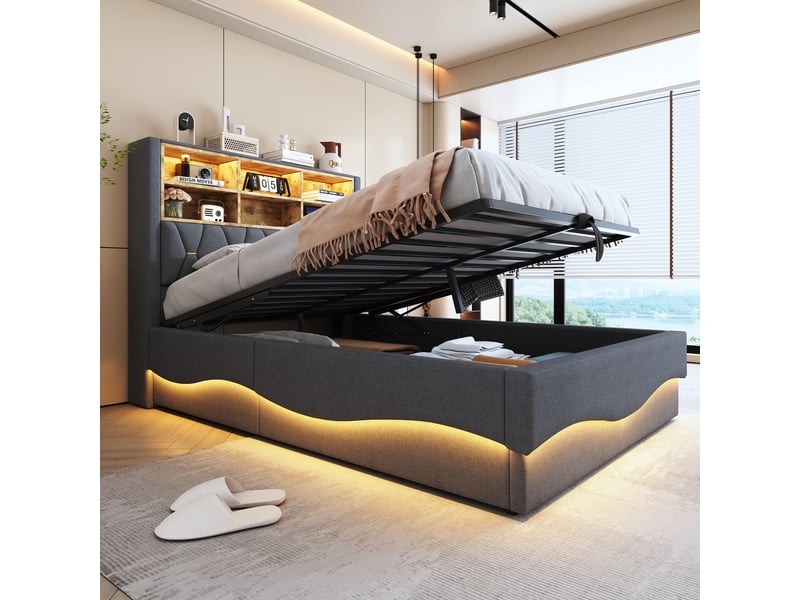  Lit rembourré 140×200 cm avec rangement hydraulique, led pilotable par application, usb, métal et lin gris  - Conforama D