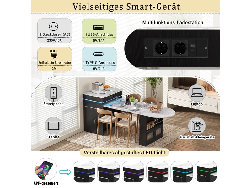  Îlot de cuisine extensible à roulettes avec led et prises noir DE000056AAB - Conforama E