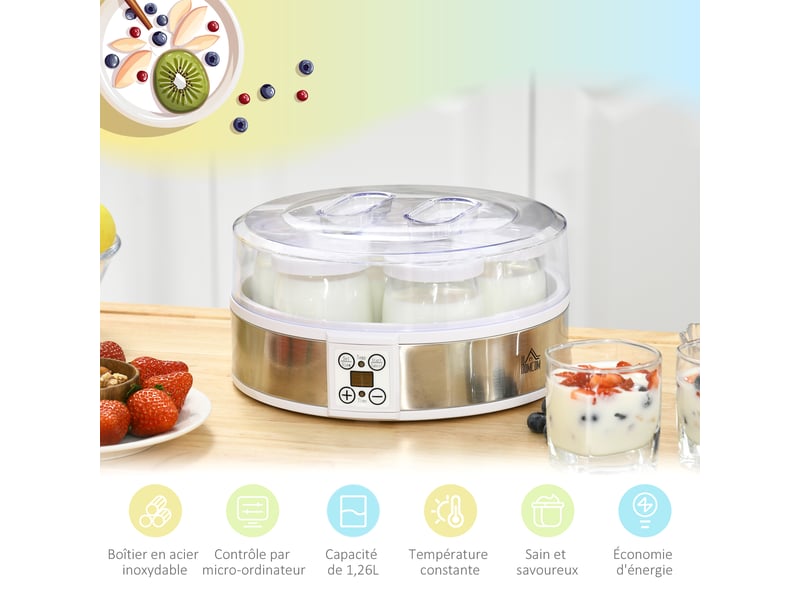 Yaourtière 7 pots de 180ml machine à yaourt électrique en acier inoxydable thermostat réglable blanc 24 x 24 x 13 cm - Conforama E