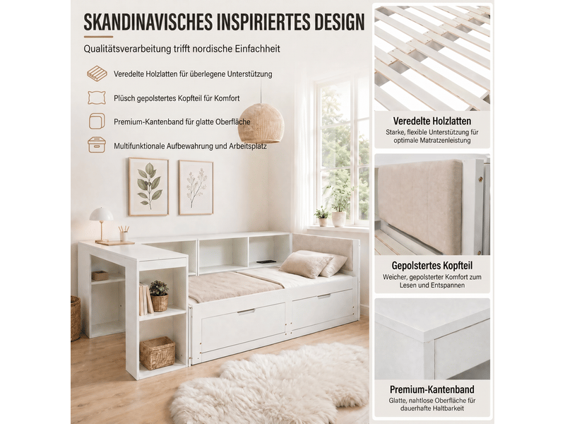  Lit coffre,180x200 cm,avec bureau et rangement,bois mdf,blanc mat  - Conforama E