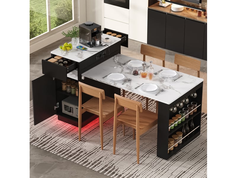 Desserte de cuisine extensible avec 4 tiroirs, étagères, led, prises et crochets, style moderne, pour cuisine noire - Conforama C