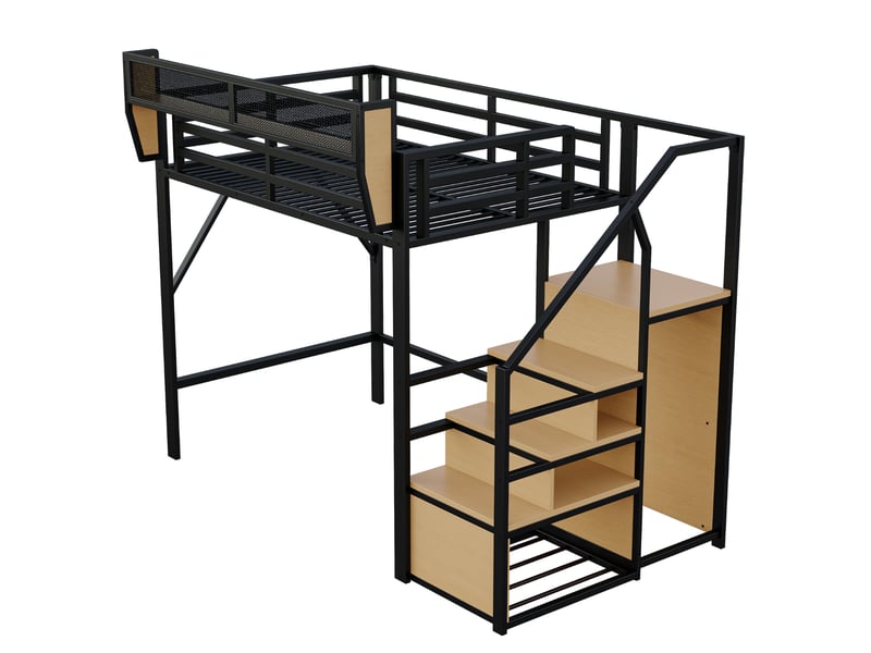  Lit mezzanine 200×140 cm avec espace libre de 140 cm, étagère amovible et échelle, sans matelas, en mdf et métal  - Conforama E