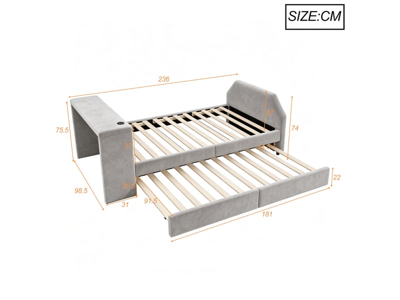 Lit simple enfant 90x200 cm velours gris, bureau avec port usb, lit gigogne coulissant, 12 lattes - Conforama C