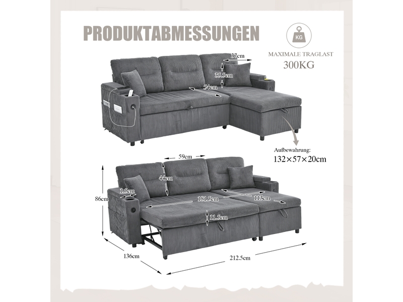 Canapé d'angle convertible 3 places – canapé-lit en velours côtelé avec méridienne coffre, tiroir-lit, porte-gobelets, usb type-c, rangement intégré – gris anthracite - Conforama D