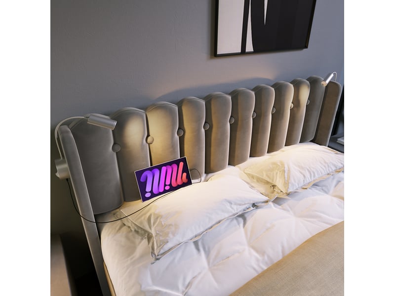  Lit coffre 160x200 en velours gris avec led, usb et tête de lit de rangement, style moderne  - Conforama E