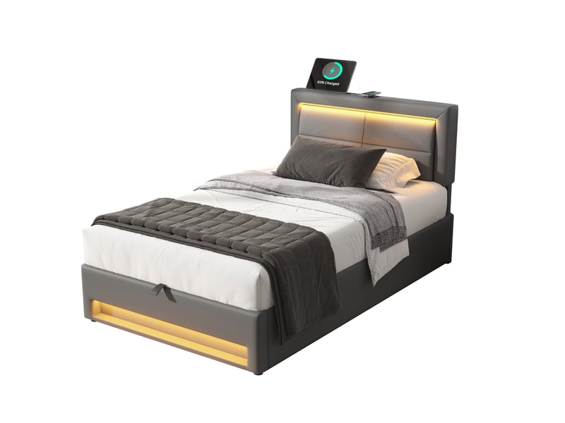 Lit rembourré 90 x 200 cm avec rangement sous le lit, éclairage led, ports usb et recharge sans fil, revêtement pu gris Fay Lum - Conforama A
