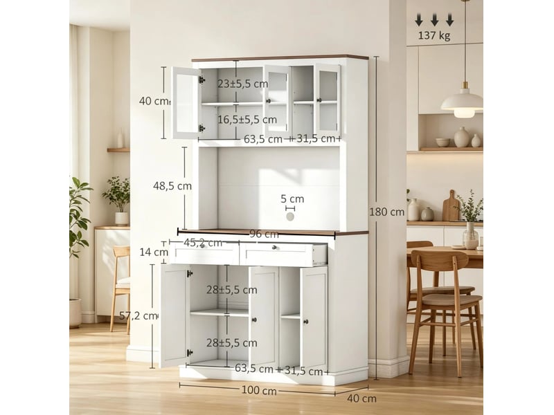 Buffet de cuisine haut avec 6 portes, 2 tiroirs et étagères réglables, passe-câble, blanc et chêne pour cuisine  - Conforama C