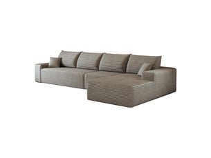 Canapé d'angle modulable 4 places en velours côtelé camel, 340 x 175 x 83 cm, méridienne droite, sans montage, livré compressé, assise profonde