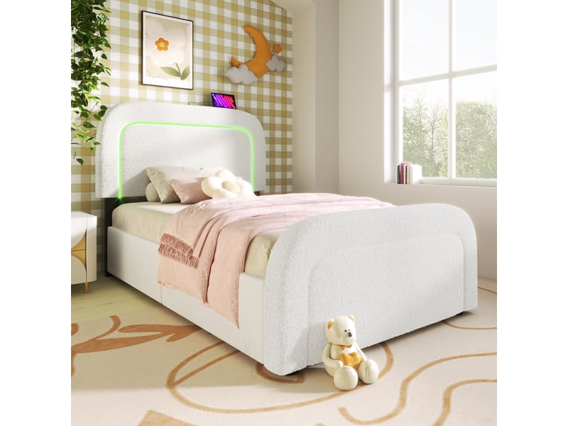Lit coffre enfant 90x200 cm avec led, usb type-c et tiroirs, tissu, blanc, sans matelas - Conforama B