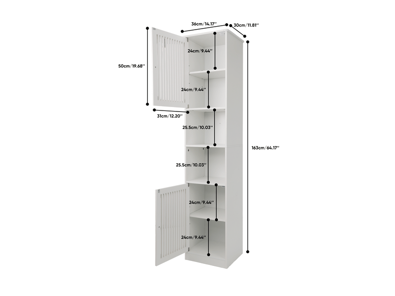 Colonne salle de bain blanche 163cm, meuble haut à étagères réglables, porte persienne - Conforama C