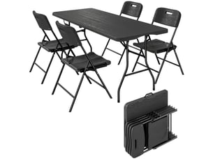 Ensemble de camping pliant 5 pièces : table et chaises pliantes, couvercle étanche en pehd et structure métallique.