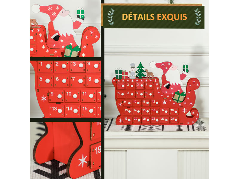  Calendrier de l'avent à remplir en bois, décoration de noël avec 24 tiroirs, père noël et traîneau, rouge, 22,5x8x36cm  - Conforama E