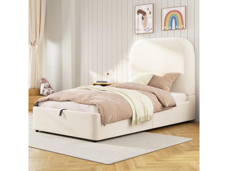  Lit coffre enfant 90x190cm - avec tête de lit rembourrée - avec espace de rangement - tissu bouclé - beige (matelas non inclus)  - Conforama B