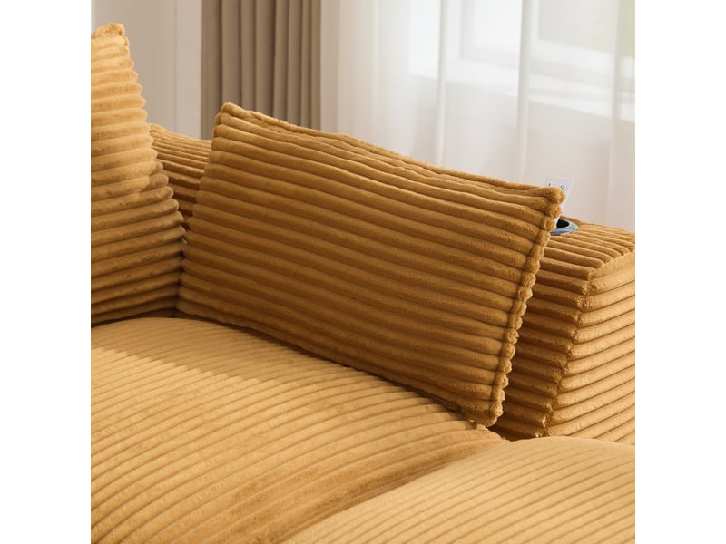 Canapé modulable 4 places en velours côtelé orange avec 2 poufs, porte-gobelets et 2 poches latérales - Conforama W