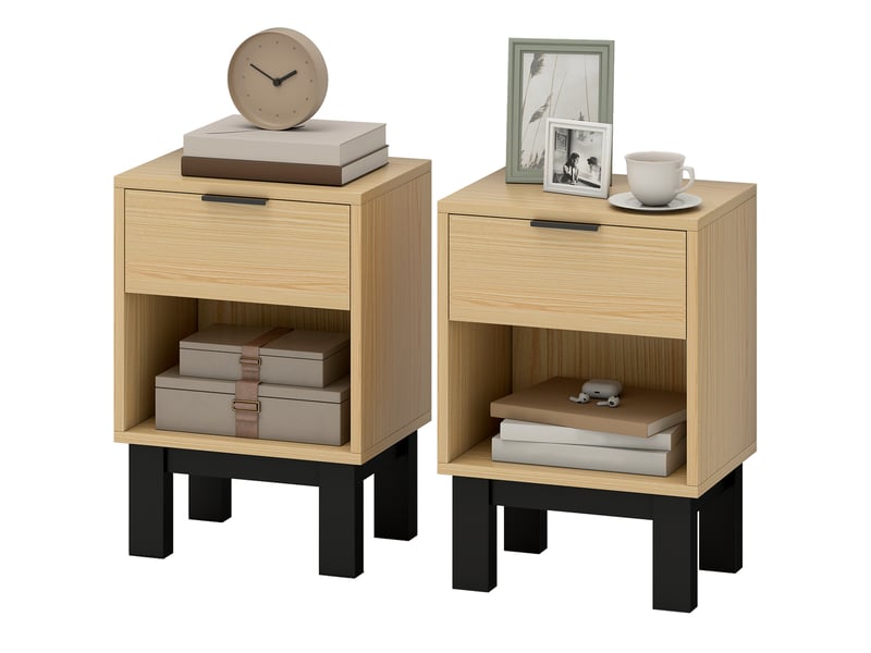  Ensemble de 2 tables de chevet étroites, style moderne, avec tiroir et étagère ouverte, 35 x 26 x 50 cm, chêne  - Conforama B