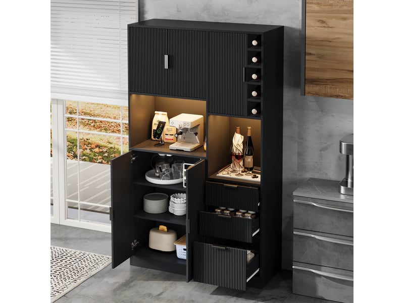  Buffet - 105x 40x180 cm - meuble de rangement avec station de charge, éclairage led connecté, tiroirs et casier à vin - noir  - Conforama C