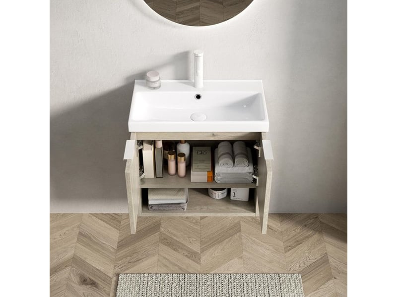  Meuble lavabo suspendu - kairo - 55cm - céramique blanche - étagère ouverte - bois crème 55x32x53cm - Conforama C