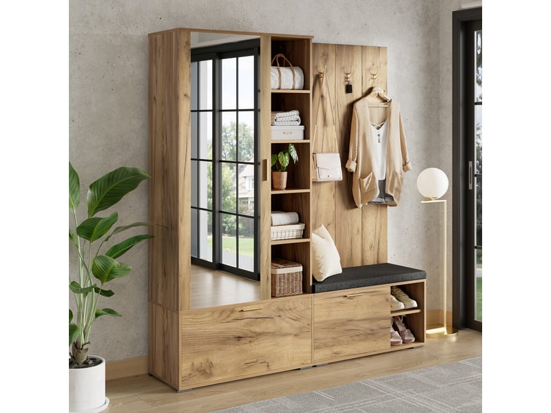  Meuble d'entrée 160x38x180cm avec banc rembourré, meuble à chaussures à abattants, grand miroir, tringle extensible et 4 patères, noir et naturel  - Conforama C