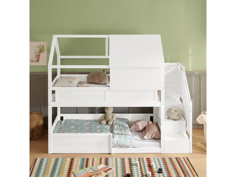  Lit superposé enfant 2 couchages 80×200 cm, barrière et escalier - okmyhome- bois massif blanc, sans matelas  - Conforama C