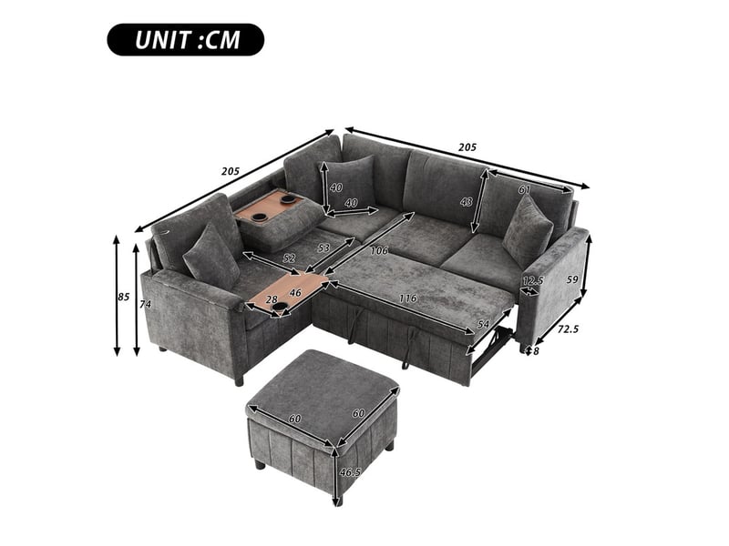  Canapé d'angle convertible ,4 places avec tabouret, lampe de lecture,205×205×85cm,gris  - Conforama C