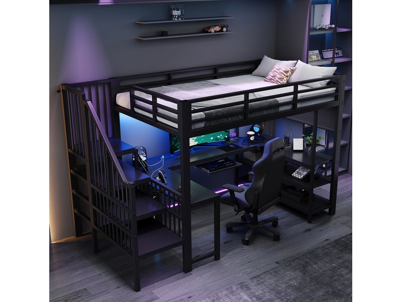  Lit mezzanine gaming 120x200 cm avec bureau en u et led noir  - Conforama B