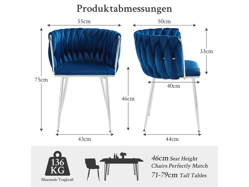  Lot de 2 chaises de salle à manger,55x50x75 cm,tissu,bleu marine  - Conforama C
