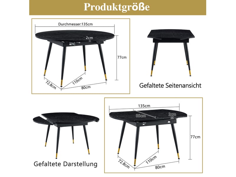  Table à manger extensible ronde à ovale noire, plateau mdf, pieds métal avec accents dorés, 6 à 8 places  - Conforama C
