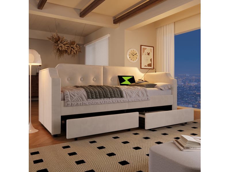  Modenvie lit de jour 90x200 cm - avec 2 tiroirs, usb-c et liseuse, sans matelas - beige  - Conforama E
